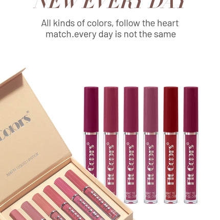 Six-piece lip gloss set, waterproof, anti-fading, easy to apply, velvet matte lip gloss
