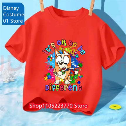 Bluey Themed Kids T-Shirt Boys Girls Autumn Winter Cartoon Graphic Short Sleeve Tee Daily Wear Top