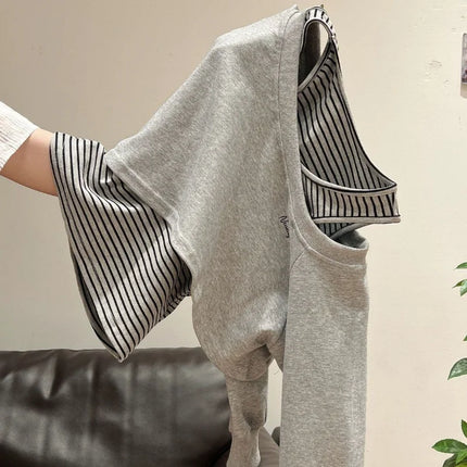 Xia Zhenhua Gray Off-shoulder Long-sleeved Striped Sweatshirt Women 2025 Autumn Design Matching Vest Two-piece Set