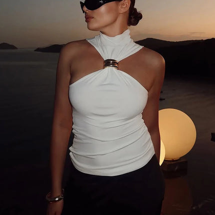Weird Puss Metal Knot Tank Tops Women 2025 Summer Solid Pleated Sleeveless Stretch Simple Basic Streetwear Skinny Casual Vest