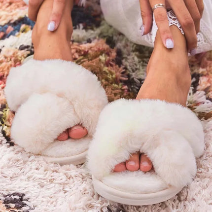 Evshine Women Fuzzy Slippers Fashion Cross Band Memory Foam House Slippers Indoor Outdoor Open Toe Plush Slides Casual Flat Shoe