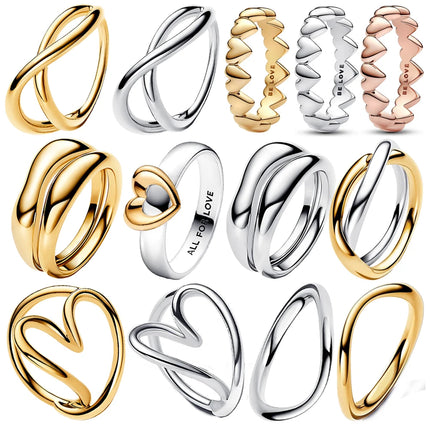 Fashionable 925 Sterling Silver Tri-Color Connected Heart, Interwoven, Sliding Heart, and Organic Double-Layer Ring - Couple Style Jewelry