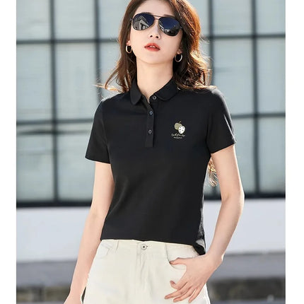 Korean version pure cotton lapel short sleeved women's T-shirt summer new high-end polo shirt embroidered casual plus size top