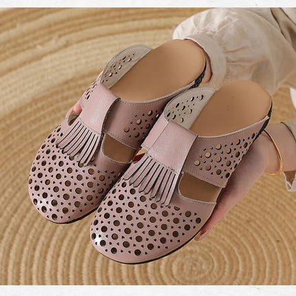 New Women's Breathable Perforated Leather Mules Vintage Tassel Slip on Flats Woman Casual Summer Shoes Hollow Slippers Outdoor