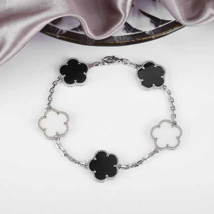 Hot Sale Premium 15mm Natural Stone White Shell Five Leaf Flower Bracelet Gold Silver Lucky bangle For Women Girls Party Daily