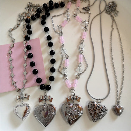 Goth Y2k Aesthetic Heart Locket Pendant Open Female Silver Color Stainless Steel Photo Frame Charm Necklace Women EMO Jewelry