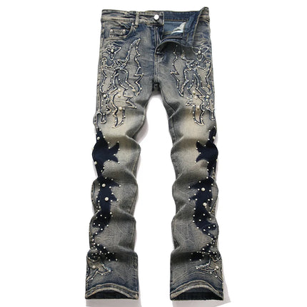 Men's Pearl Boot Cut Denim Jeans Embroidery Patch Slim Flared Pants Casual Streetwear Vintage Blue Trousers