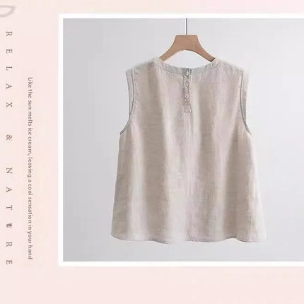 Loose Cotton Linen Vest Women's Summer New Plus Size Fat MM Outerwear Inner Match Svel T-shirt Top Versatile Round Neck