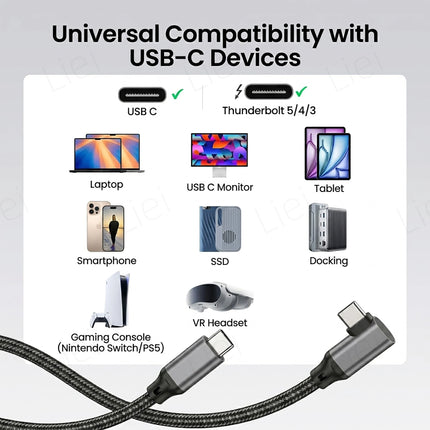 20Gbps 5K/4K Monitor Display Cable L-shaped USB Type C Data Cable Right Angle 90° USB3.2 Gen2x2 Data Transfer 240W PD Charging