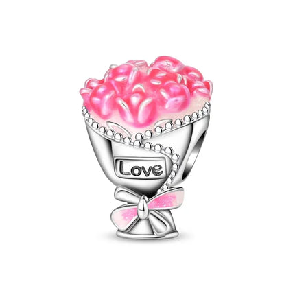 925 Silver Flowers Bouquet Rose Sunflower Blossom Petal Charms Beads Pendant Bracelet Necklace DIY Valentine's Day Gift Jewelry