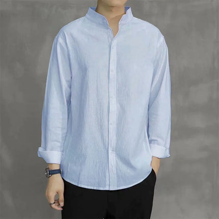 Spring Autumn Men's Shirt Long Sleeve Solid Color Cotton Linen Henley Neck Single Breathable Korean Style Fashion Male Top