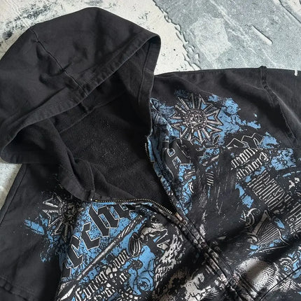 Affliction Gothic Hoodie Y2K New Retro Pattern Oversize Zipper Hoodie For Women Hip Hop Casual Sweatshirt Personality Streetwear
