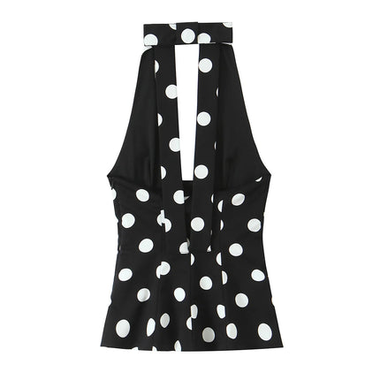 HH Summer Woman Black Polka Dot Backless Bow Decoration Halter Vest Tops Fashion Women Sleeveless Backless Sexy Tops