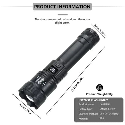 Rechargeable LED Flashlight Zoomable Torch with LCD Display 3 Modes Waterproof High Power Hand Light Outdoor Wilderness Camping