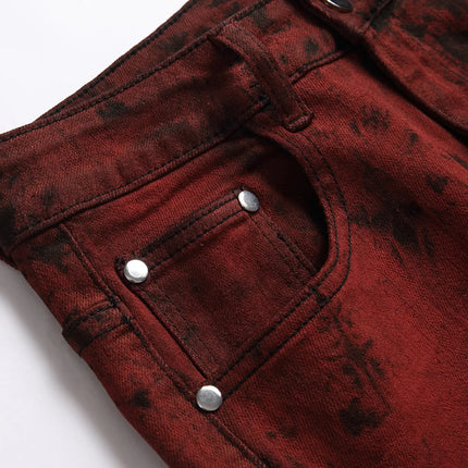 Men's Burgundy Jeans in Asian Sizes, Black Printed Stretch Denim Pants, Stylish Slim-fit Trousers. 28-42