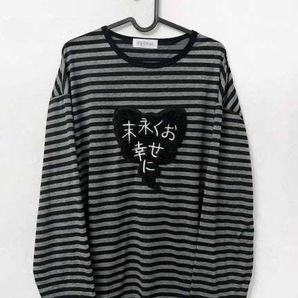 Punk Vintage O Neck Long Sleeve Shirts Striped Design Harajuku Embroidery Tops Y2k Autumn Winter Loose Casual Base Layer T-shirt