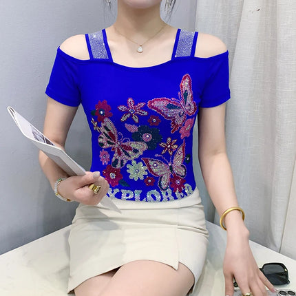 Summer Streetwear Fashion Women's T-shirt Luxury Design Butterfly Hot Diamonds Tee Sexy Off Shoulder Girls Tops European Clothes