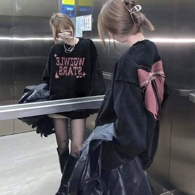 2025Women's Vintage large bow letter print Autumn Winter Hoodies Long Sleeved Round neck casual and simple Streetwear shirts