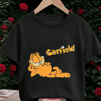 Garfield Cartoon Crew Neck T Shirt Children Boys Girls Summer Cute Kawaii Fashion Street Casual Tops 3-14 Years