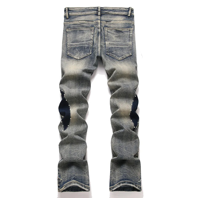 Men's Pearl Boot Cut Denim Jeans Embroidery Patch Slim Flared Pants Casual Streetwear Vintage Blue Trousers