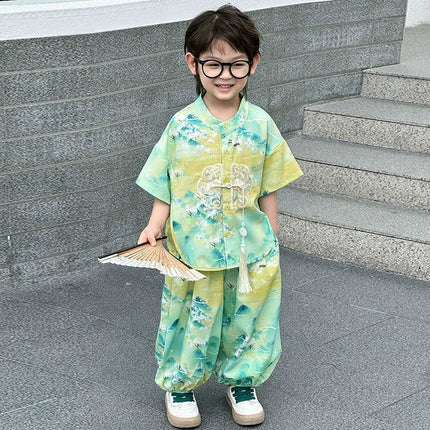 Summer Short Sleeve Two-piece Set Kids Clothes Casual Boy Outfit Baby Tang Style Fashion Children's Sets Hanfu Suit Boys Costume