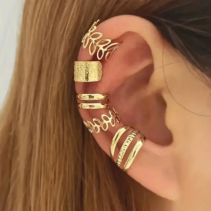 5pcs/set Trendy Elegant Design Ear Cuff Classic Elegant Style Gifts Women's No Piercing Clip Silver Circle Leaf Shaped Earrings