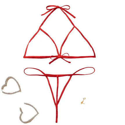 Red Transparent Color Blocked Mesh Hanging Neck Strap Bra Two-piece Sexy Women Deep V Bikini Style Underwear Set Erotic Costumes