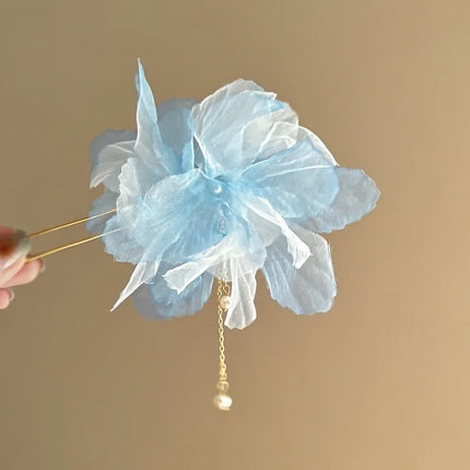 New Chinese Style Gentle Gradient Fabric Flower Hair Sticks for Women Sweet Chains Tassel Imitation Pearl Hairpin Fairy Headwear