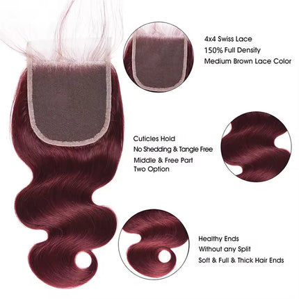 99J Burgundy Body Wave 13X4 Lace Frontal Burmese Human Hair Preplucked 4x4 Transparent Lace Closure Human Hair 8-20 Inch