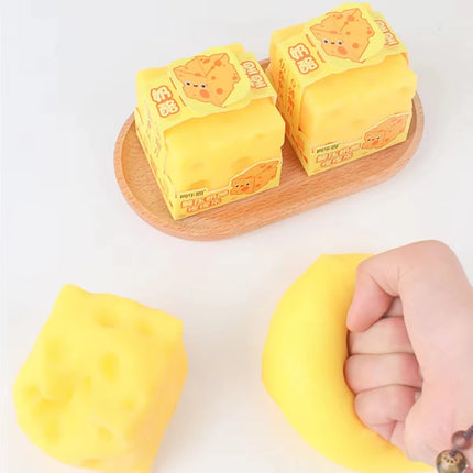 Yellow Cheese Squeeze Toy Soft Rubber Novelty Stress Ball Bouncing Play for Anxiety Relief Focus Training Fun Cheese Cube Design