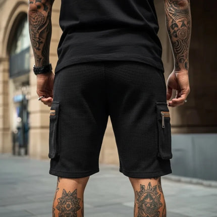 Summer Men Cargo Pants Shorts Waterproof Outdoor Breathable Zipper Pockets Casual Elastic Waist Waffle Fabric Workwear Washed
