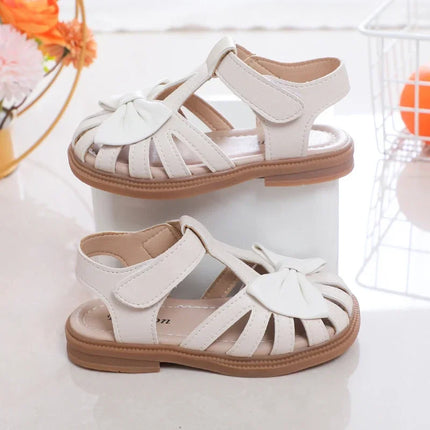Cute Girls Sandals Bow Peep-toe 2025 New Soft Hook & Loop Beige Kids Princess Shoes Casual Sandals Cute Children Shoes Non-slip