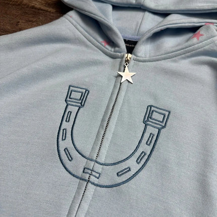 Y2K Anime JoJo Shahzad Clothing Joestar Style Zip Hoodies Men Light Blue Star Tusk Print Oversized Embroidery Couple Sweatshirt