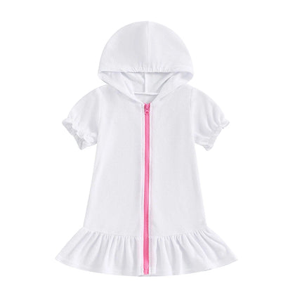 Girls Swimwear Cover-ups Solid Color Short Sleeve Zipper Ruffle Beach Dress Toddler Bathing Suit Kids Bikini Cover Up 1-8Y