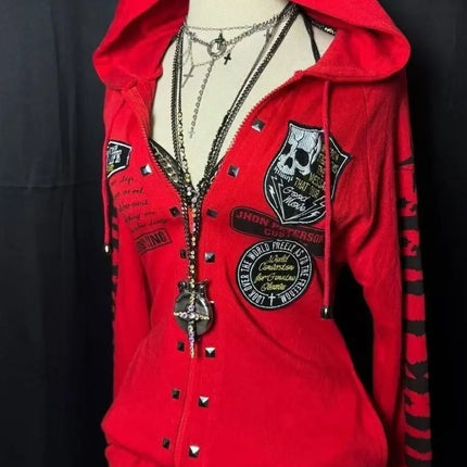 Slim Fit Punk Rock Dark Harajuku Long Sleeve Hoodie Jacket Skeleton Letter Waist Cinched Open Cardigan Spicy Girl Street Style