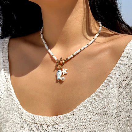 Beach Style Colorful Ceramic Fish Starfish Choker Necklace For Women Ocean Series Scallops Beaded Necklaces Vacation Jewelry