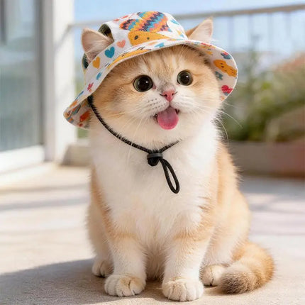 SU Summer Pet Cat Sun Hat With Ear Holes - Cute Kitten Fisherman Cap For UV Protection Breathable Outdoor Sunshade Cap For Cats