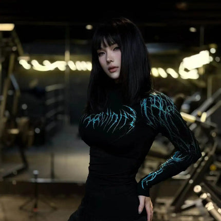 Couple Style Gothic Style Tight Fitting High Elasticity Fitness Half Height Collar Quick Drying Breathable Long Sleeved Shirt
