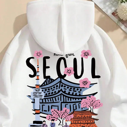 Seoul Beautiful Scenery Printing Womens Hooded Warm Fleece Comfortable Hoodies Simple Soft Hoodie Street Casual Loose Pullover