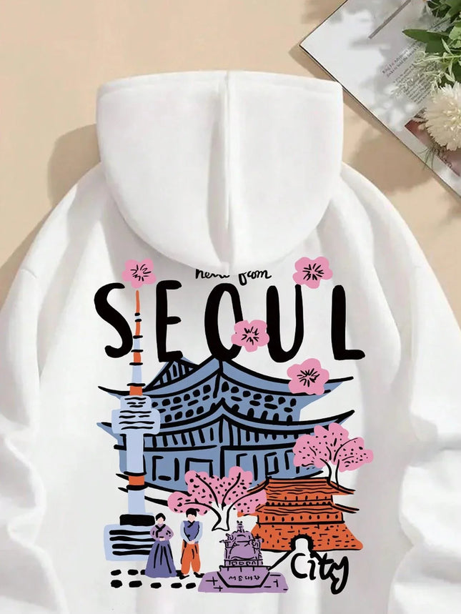 Seoul Beautiful Scenery Printing Womens Hooded Warm Fleece Comfortable Hoodies Simple Soft Hoodie Street Casual Loose Pullover