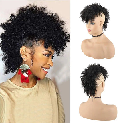 Afro High Puff Hair Bun Ponytail Drawstring With Bangs Synthetic Jerry Curly Mohawk Kinkys Curly Fauxhawks Pony Tail Clip in on