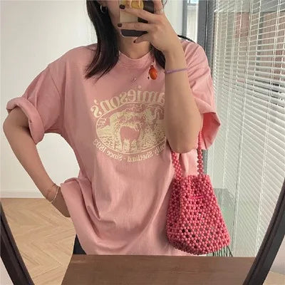 Loose Cotton Short Sleeve T-Shirt Women's Style Lazy Fashion Design Half Sleeve Body Shirt Summer Season round Neck Plant Floral