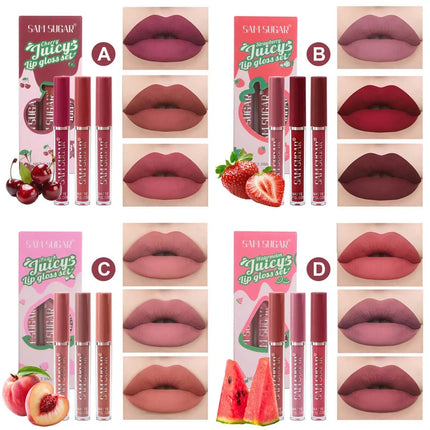 Fruit Cherry Strawberry Liquid Lipstick Makeup Kit Non Stick Cup Colorfast Long Lasting Velvet Matte Peach Lip Gloss Set 3pc/set