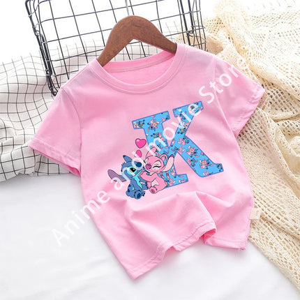 Stitch Disney T Shirt for Girls Children Clothes Tops Children's Clothing Letter A-Z Cotton Short Sleeve Summer Child Cute Gifts