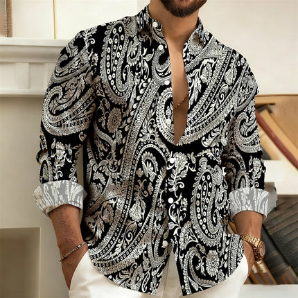 2026 New Men's Long-Sleeved Shirt with Paisley Cashew Pattern Print, Vintage, Comfortable, and Stylish Casual Men's Lapel Top