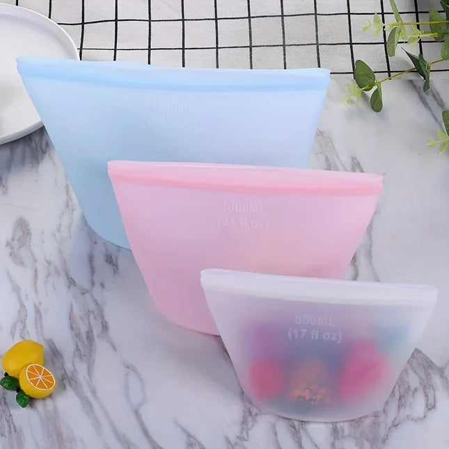3PCS Silicone Food Storage Bag Reusable Stand Up Zip Bag Leakproof Containers Fresh Bag Food Storage Bag Fresh Wrap Ziplock Bag