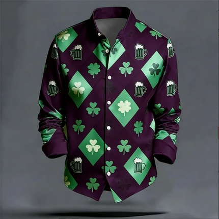 Men's long sleeved shirt with lucky grass pattern, fashionable trend, loose top, street outdoor, casual and comfortable