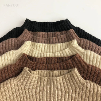 1-6Y Autumn and Winter Knitted Base Sweater Children's Clothing Forest Series Boys Girls Inner Solid Color Mid High Neck Sweater