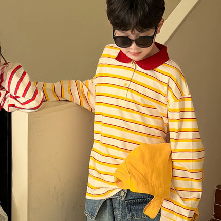 Children Long Sleeved T-shirt 2026 Spring  Autumn New Boy's Polo Shirt Striped Doll Collar Top Tees Girls Casual Clothes