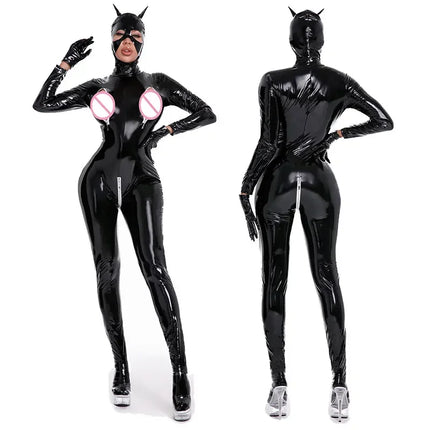 Sexy Wetlook Latex Catsuit With Mask PVC Faux Leather Jumpsuit Lady Erotic Costume PU Lingerie Faux Leather Cat Women Jumpsuit